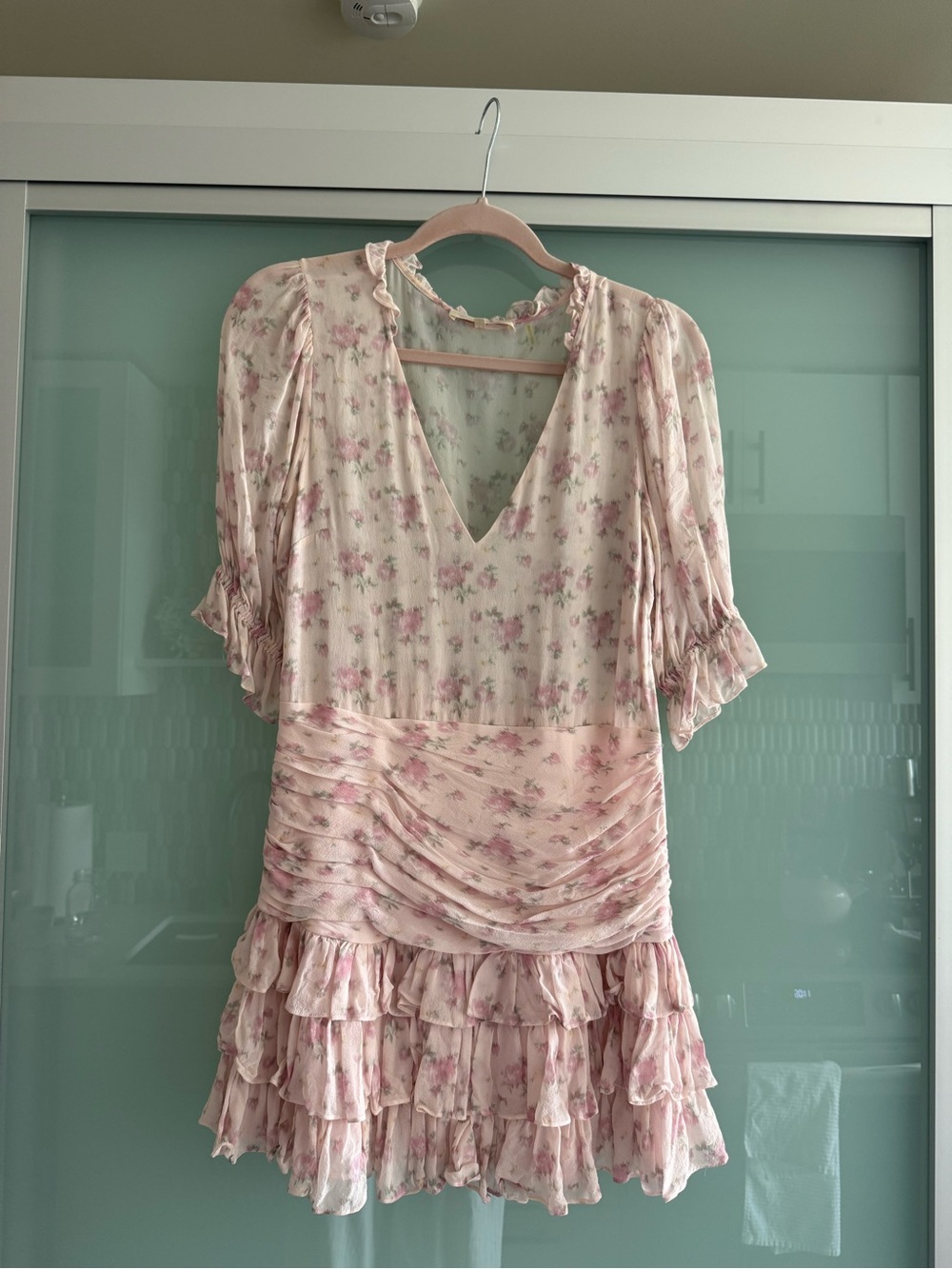 LoveShackFancy Silk Pastel Pink Floral Ruffle mini dress